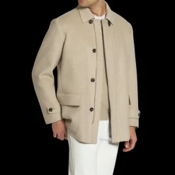 Parka BRIONI cachemire beige doublé col chemise patte cuir