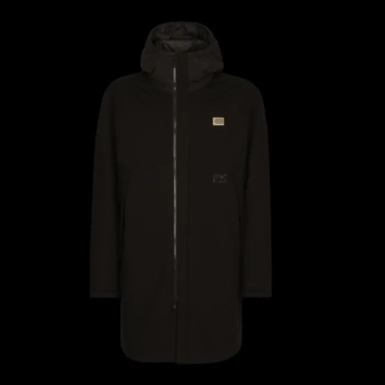 Parka doudoune DOLCE & GABBANA jersey stretch noir capuche plaque dorée