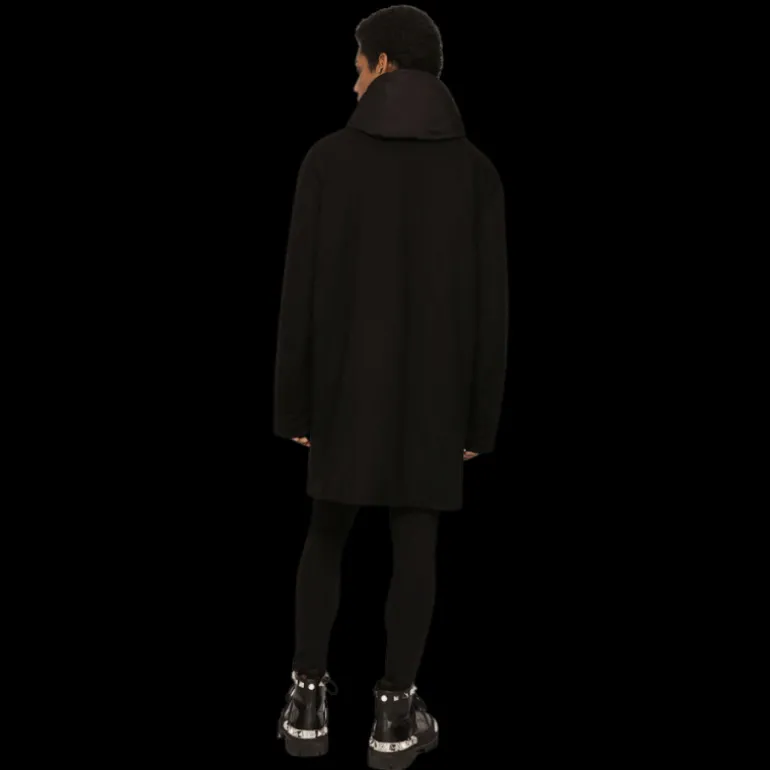 Parka doudoune DOLCE & GABBANA jersey stretch noir capuche plaque dorée