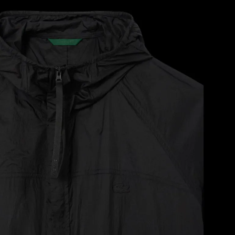 Parka veste longue zippée capuche LACOSTE nylon noir déperlant logo croco
