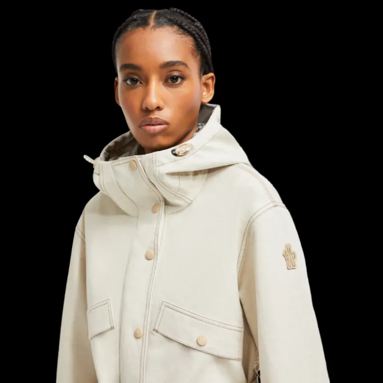 Parka zippée à capuche MONCLER Tarkine coton lin beige clair logo Grenoble
