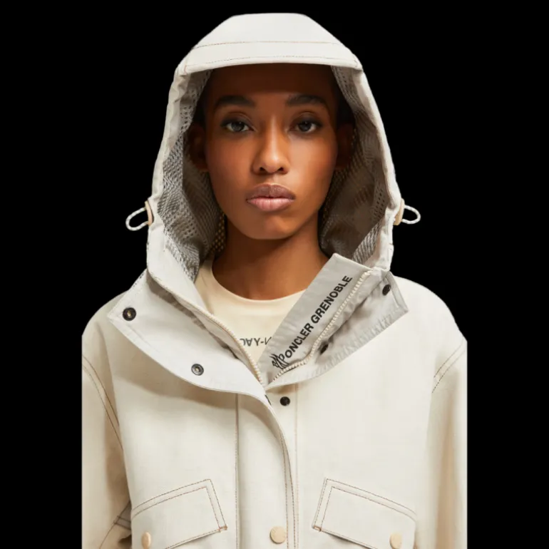 Parka zippée à capuche MONCLER Tarkine coton lin beige clair logo Grenoble