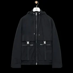 Parka zippée LOEWE coton compact déperlant noir capuche poches