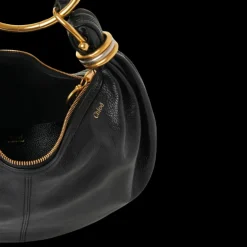 Petit sac CHLOE Hobo cuir veau grainé brillant noir anneaux métal doré