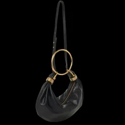 Petit sac CHLOE Hobo cuir veau grainé brillant noir anneaux métal doré