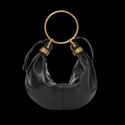 Petit sac CHLOE Hobo cuir veau grainé brillant noir anneaux métal doré