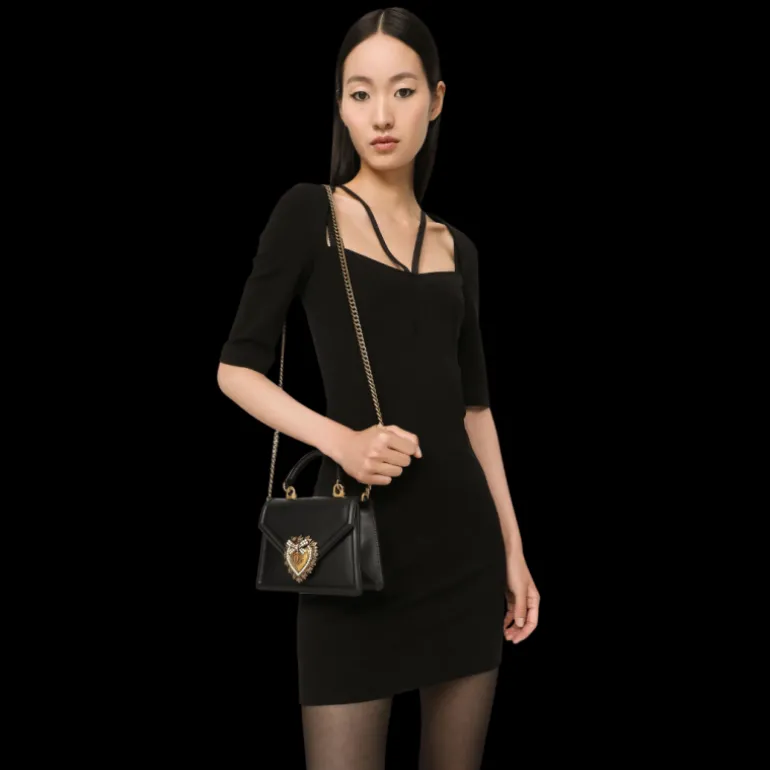 Petit sac DOLCE & GABBANA Devotion cuir veau lisse noir cœur doré bandoulière