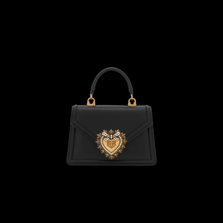 Petit sac DOLCE & GABBANA Devotion cuir veau lisse noir cœur doré bandoulière