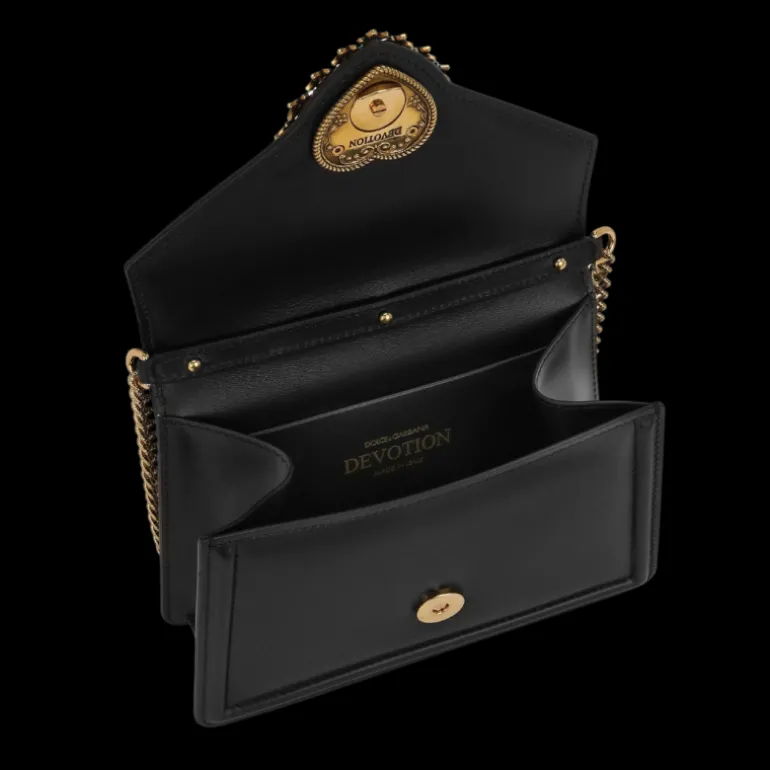 Petit sac DOLCE & GABBANA Devotion cuir veau lisse noir cœur doré bandoulière