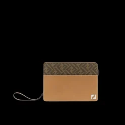 Pochette FENDI cuir beige toile FF marron