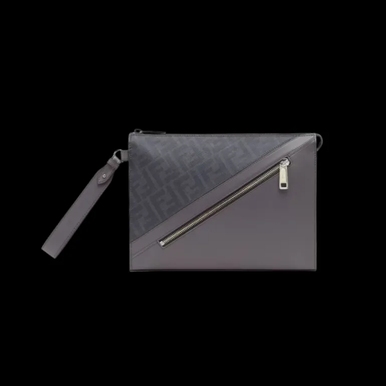 Pochette FENDI Diagonal toile cuir FF gris dragonne