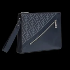 Pochette FENDI Diagonal toile FF bleu jean denim cuir bleu marine