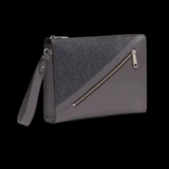 Pochette FENDI Diagonal toile cuir FF gris dragonne