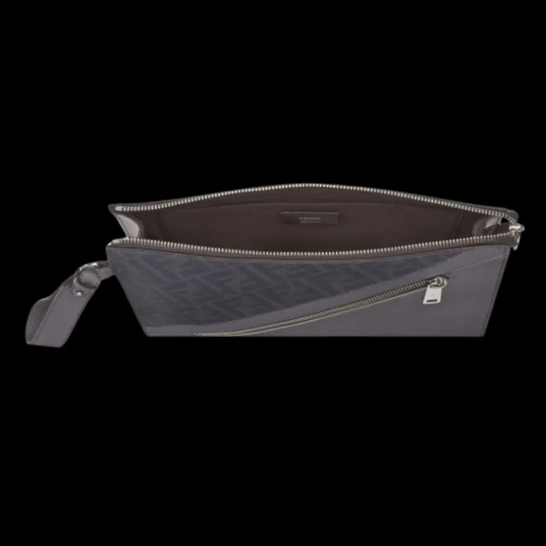 Pochette FENDI Diagonal toile cuir FF gris dragonne