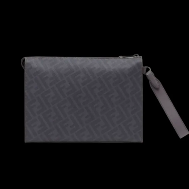 Pochette FENDI Diagonal toile cuir FF gris dragonne