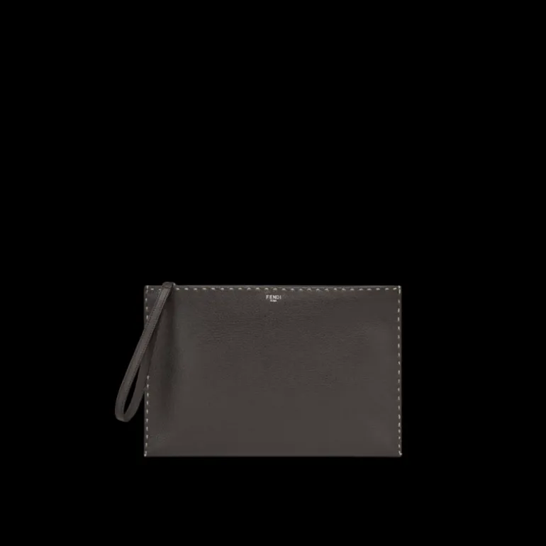 Pochette FENDI Selleria cuir grainé marron 196 surpiqûres