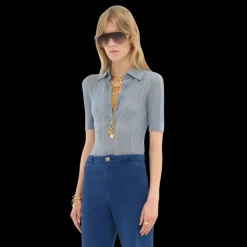 Polo ajusté CHLOE manches courtes maille multipoints laine gris bleu