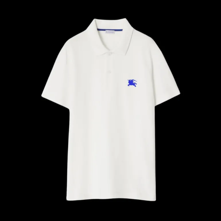 Polo BURBERRY manche courte coton piqué blanc logo cavalier bleu