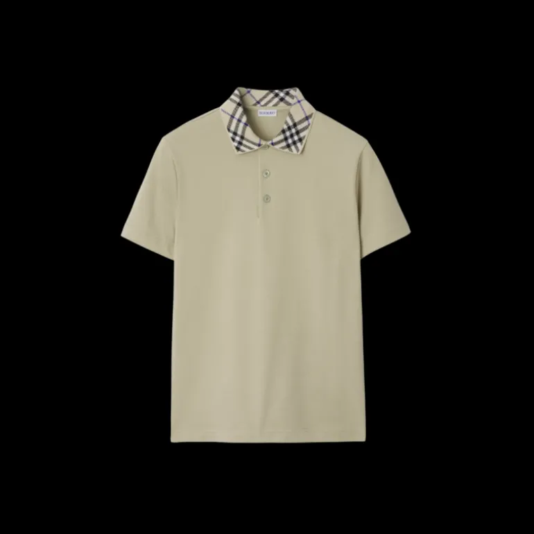 Polo BURBERRY piqué de coton beige col check beige bleu