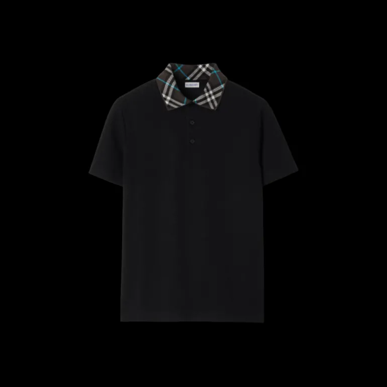 Polo BURBERRY piqué de coton noir col check marron bleu