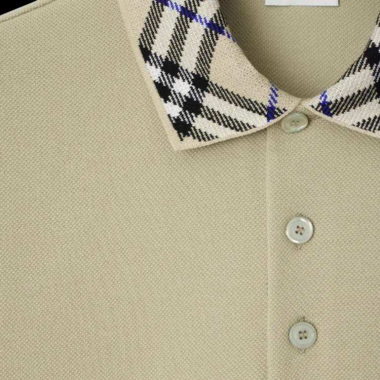 Polo BURBERRY piqué de coton beige col check beige bleu