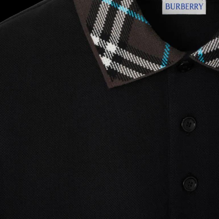 Polo BURBERRY piqué de coton noir col check marron bleu