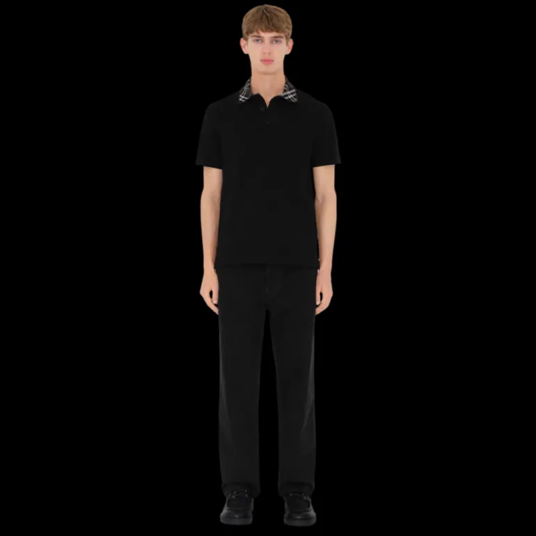 Polo BURBERRY piqué de coton noir col check marron bleu