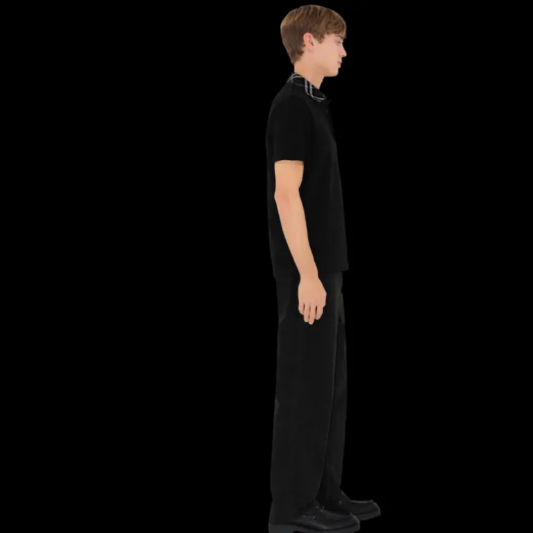 Polo BURBERRY piqué de coton noir col check marron bleu