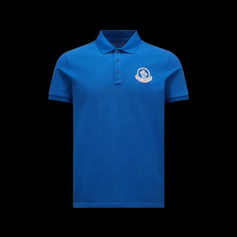 Polo coton piqué MONCLER bleu broderie logo orange