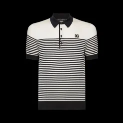 Polo DOLCE & GABBANA soie côtelée écru rayures bleu marine patch logo DG