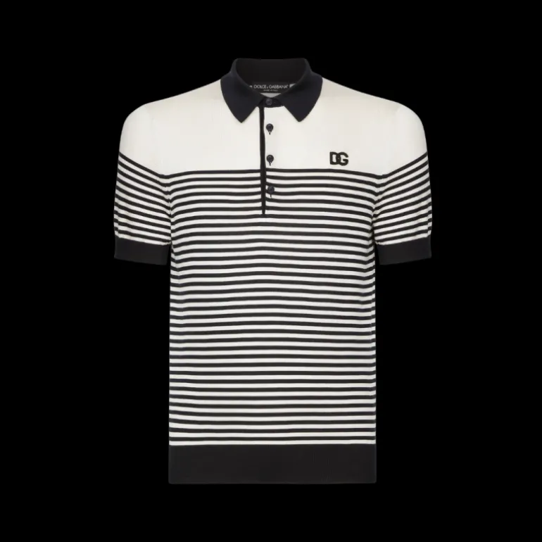 Polo DOLCE & GABBANA soie côtelée écru rayures bleu marine patch logo DG