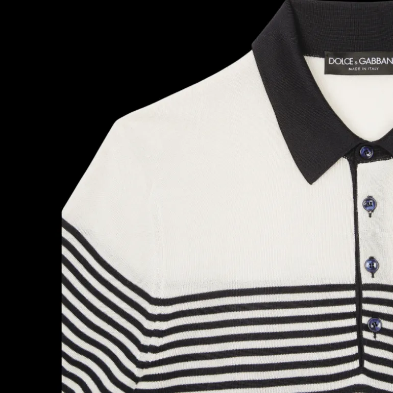 Polo DOLCE & GABBANA soie côtelée écru rayures bleu marine patch logo DG