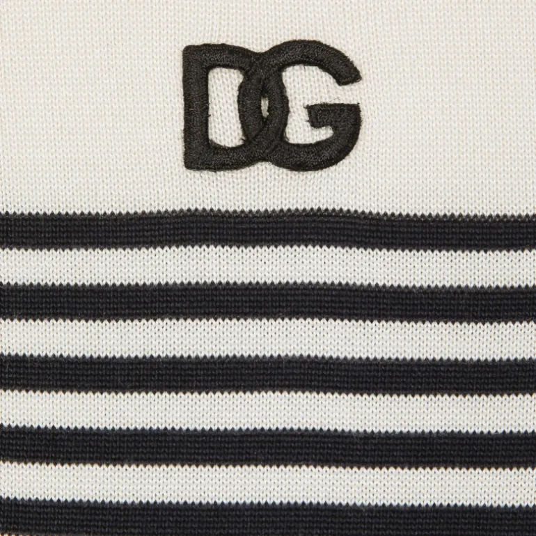 Polo DOLCE & GABBANA soie côtelée écru rayures bleu marine patch logo DG