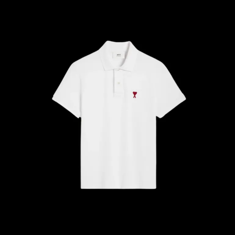 Polo manche courte AMI Paris piqué coton blanc broderie cœur rouge