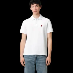 Polo manche courte AMI Paris piqué coton blanc broderie cœur rouge