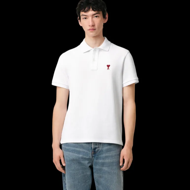 Polo manche courte AMI Paris piqué coton blanc broderie cœur rouge