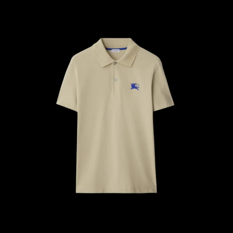 Polo manche courte BURBERRY coton piqué beige broderie chevalier bleu