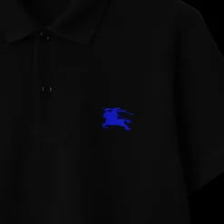 Polo manche courte BURBERRY coton piqué noir cavalier bleu