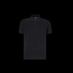 Polo manche courte FENDI coton piqué noir motif soie FF