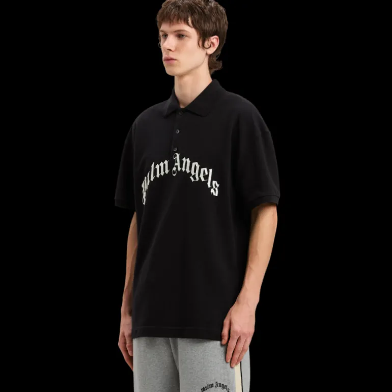 Polo manche courte PALM ANGELS coton noir gros logo poitrine blanc