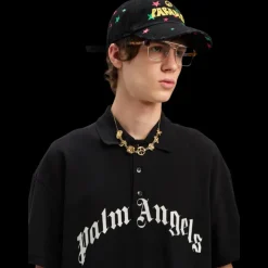 Polo manche courte PALM ANGELS coton noir gros logo poitrine blanc