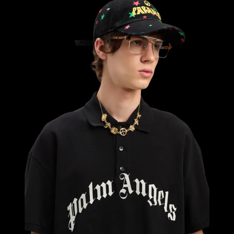 Polo manche courte PALM ANGELS coton noir gros logo poitrine blanc
