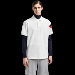 Polo MONCLER ample coton piqué blanc bande tricolore manche