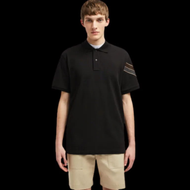 Polo MONCLER ample coton piqué noir bordure kaki gris manche