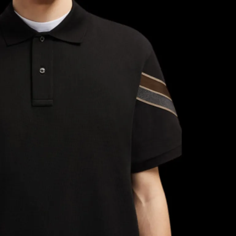 Polo MONCLER ample coton piqué noir bordure kaki gris manche