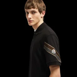 Polo MONCLER ample coton piqué noir bordure kaki gris manche