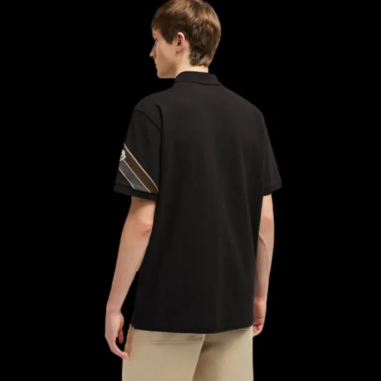 Polo MONCLER ample coton piqué noir bordure kaki gris manche