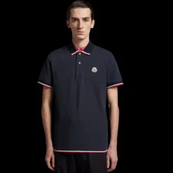 Polo MONCLER coton piqué bleu marine broderie logo bord tricolore