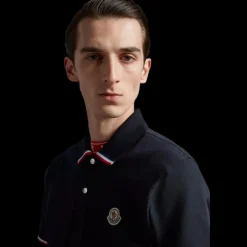 Polo MONCLER coton piqué bleu marine broderie logo bord tricolore