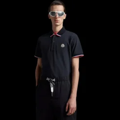 Polo MONCLER coton piqué bleu marine broderie logo bord tricolore